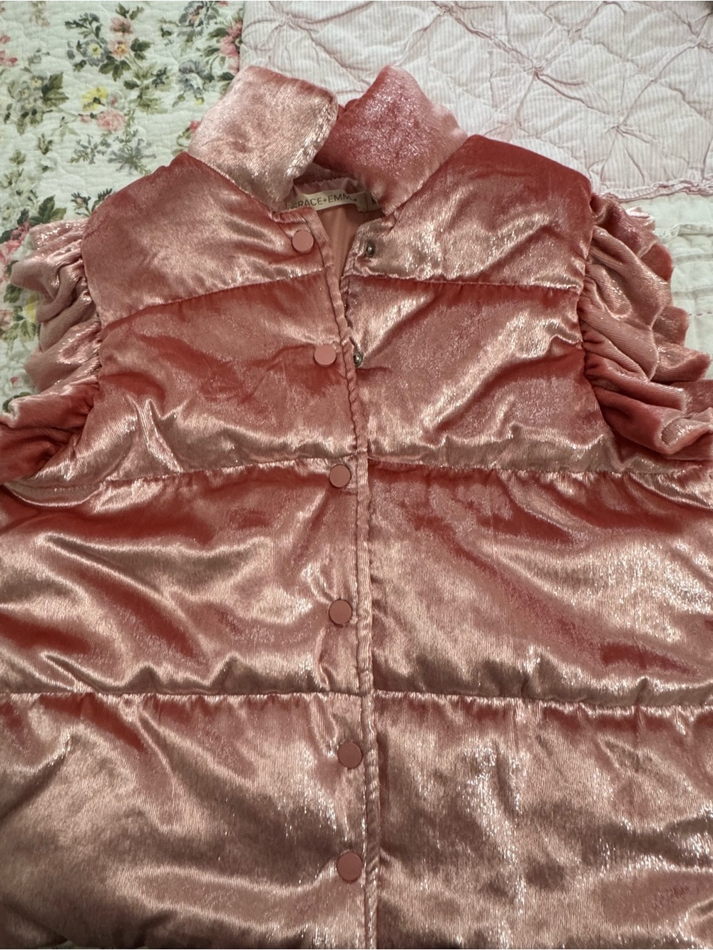 Grace & Emma Blush Pink Velvet Puffer Vest with Ruched Shoulders